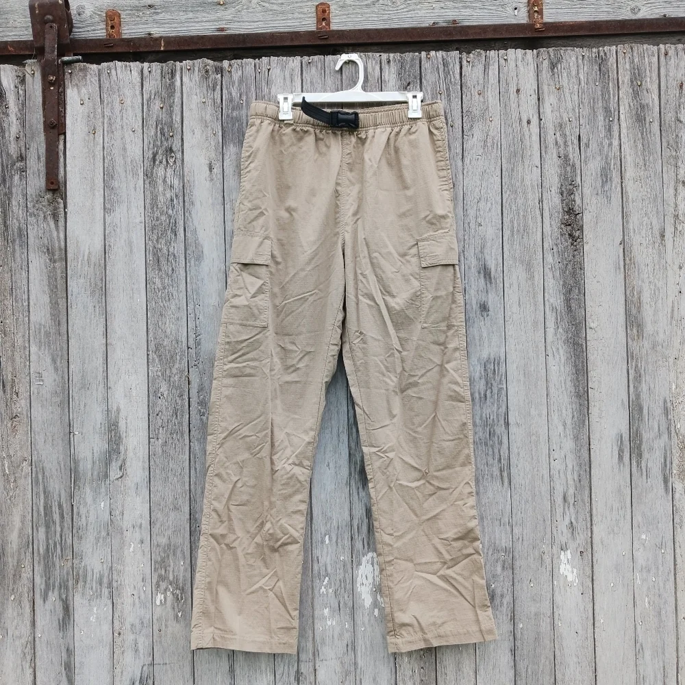 Vtg Duluth Trading Men's Cargo Pants Sz M‎ Tan Brown Belted Ripstop Nylon Hiking